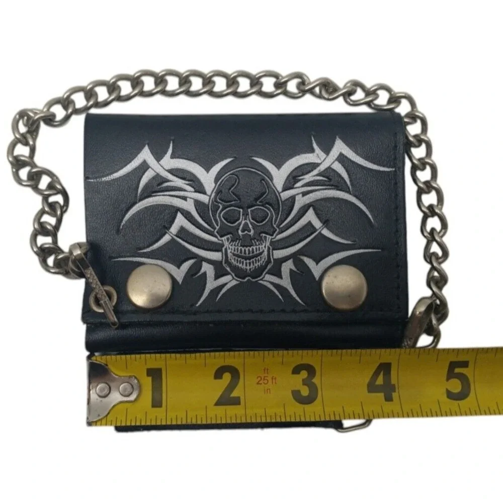 Genuine Leather Biker Wallet With‎ Chain Trifold - Skull Screen Print On Wallet